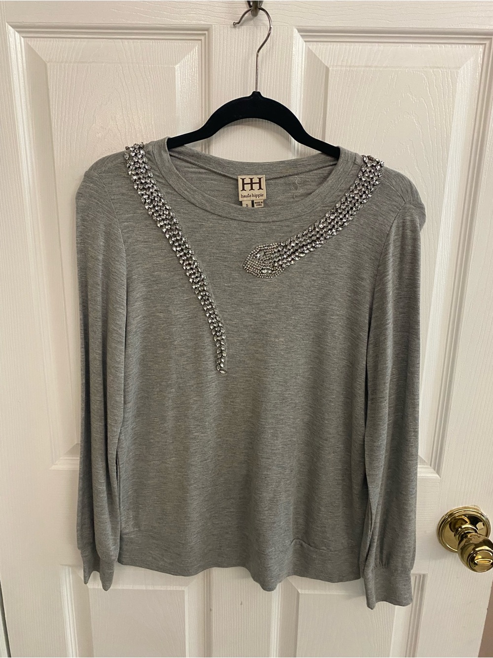 Haute Hippie Silver-Gray Embellished Crewneck Sweater